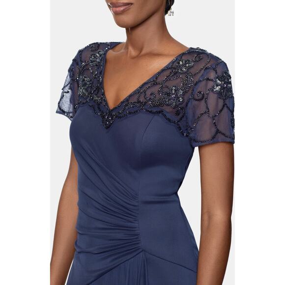 NWT Xscape Evenings Beaded Short Sleeve Ruched Gown Navy Blue 8 Formal Wedding - Picture 4 of 13